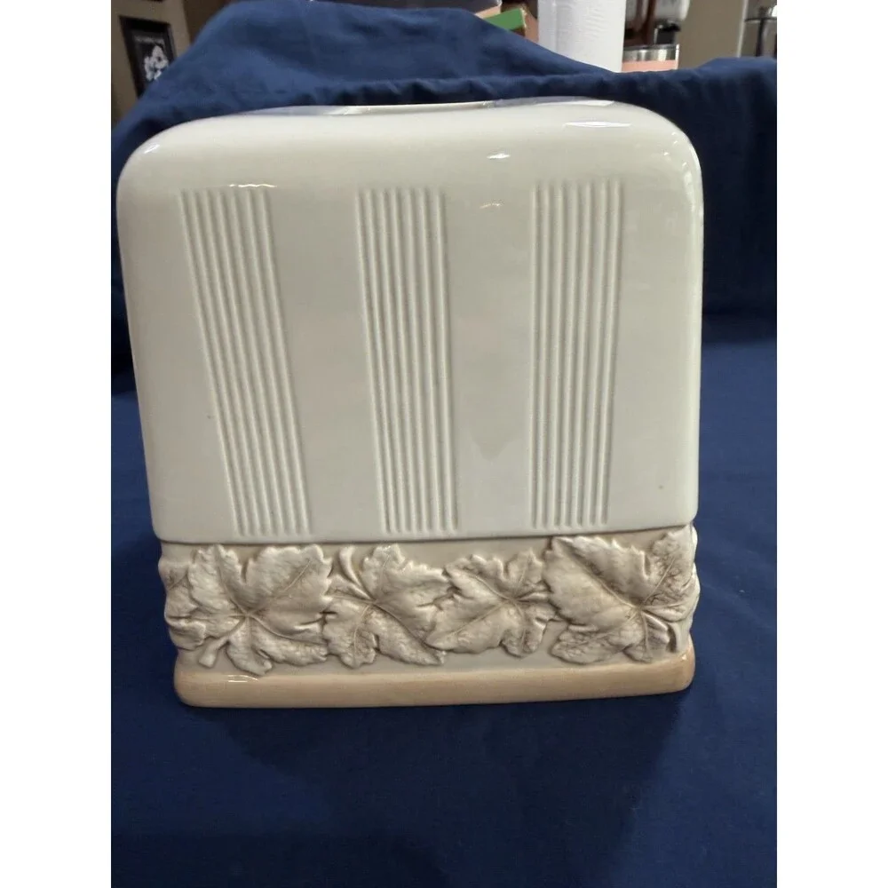 Stratton Earthenware Tissue Box Cover Ceramic Ivory Tan Beige Leaves Neutral